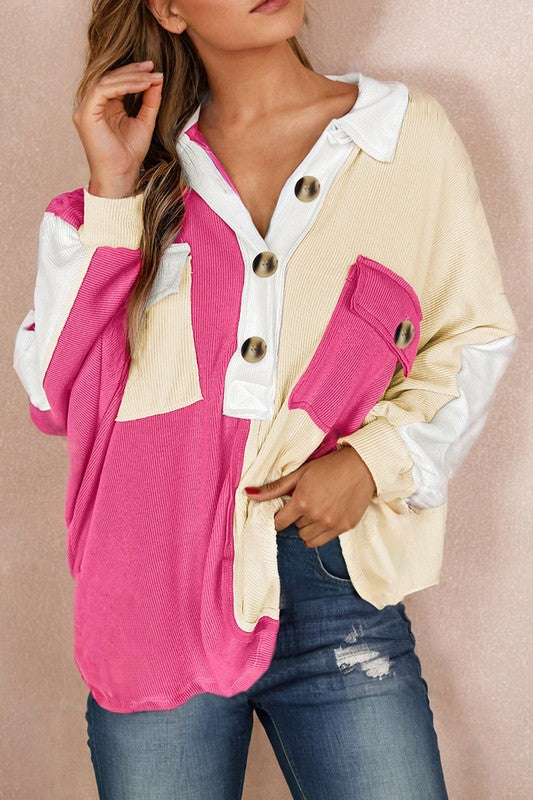 Colorblock Ribbed Oversized Top Cream/Pink