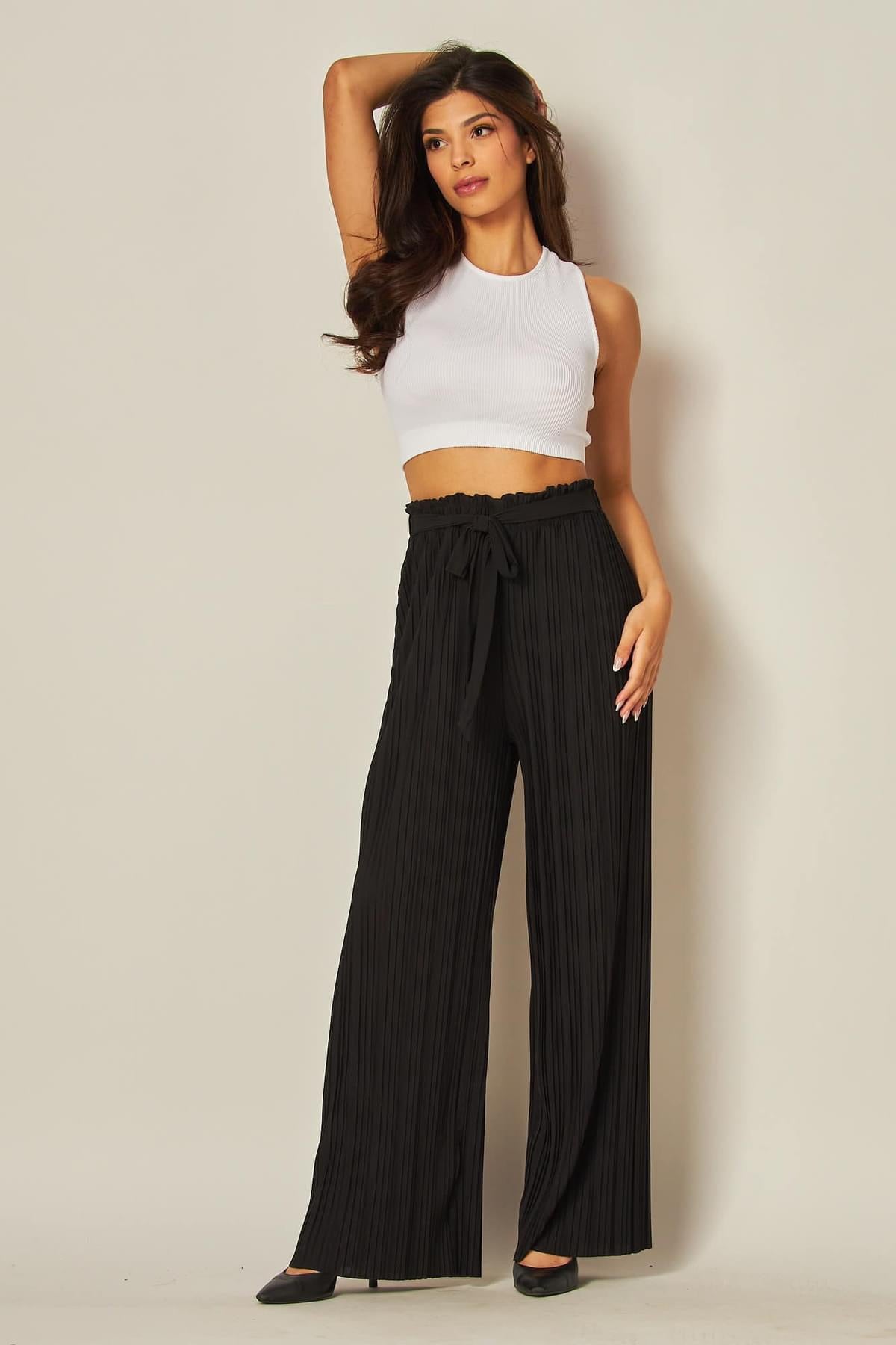 Pleated Wide Leg Pant-Black