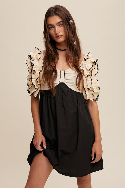 Black and Cream Ruffle Top Dress