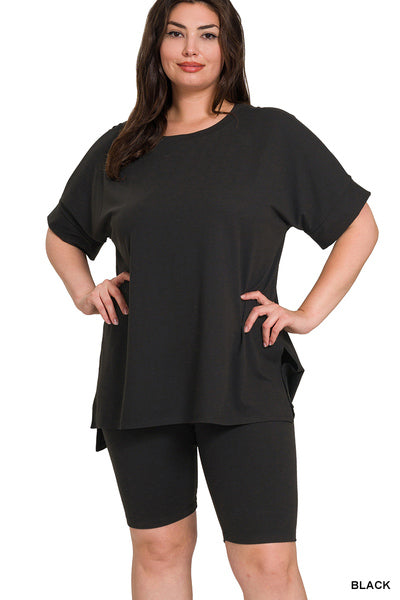 PLUS BRUSHED MICROFIBER ROUND NECK TOP & BIKER SET -Black