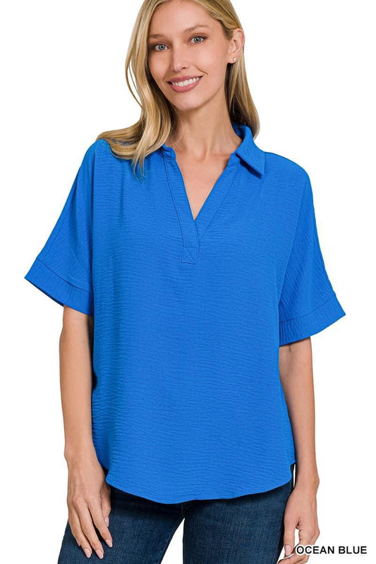 Woven Airflow Collared V-Neck Short Sleeve Top