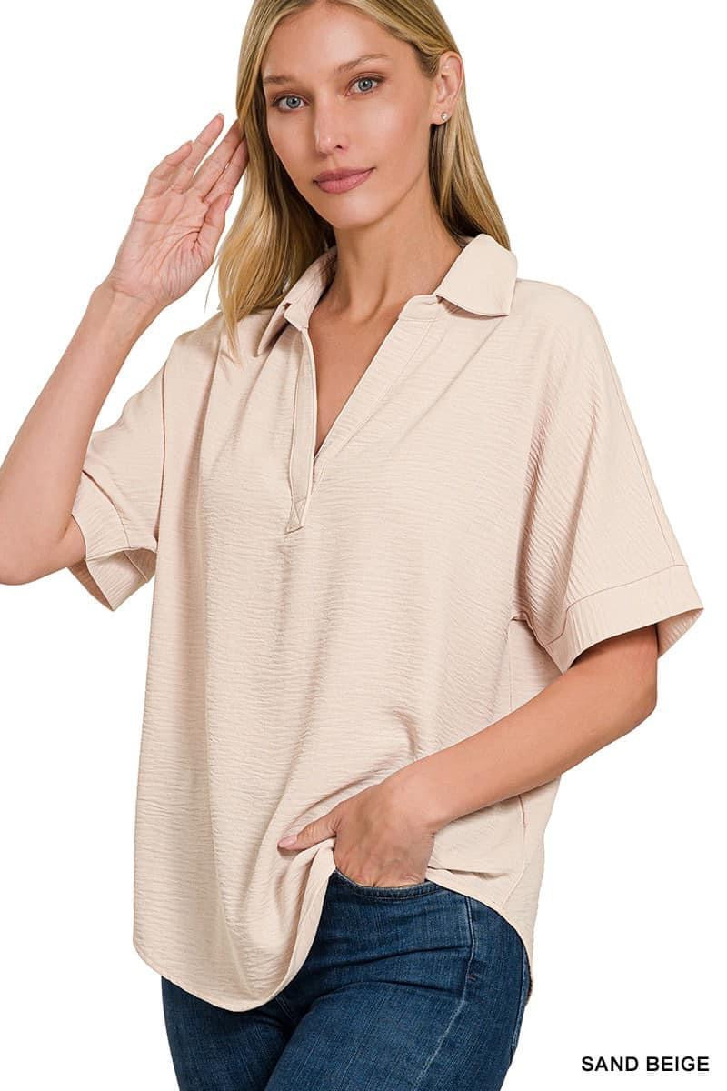 Woven Airflow Collared V-Neck Short Sleeve Top