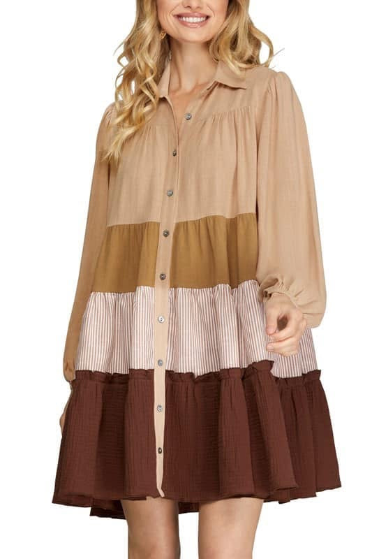 Camel Color Block Tiered Dress