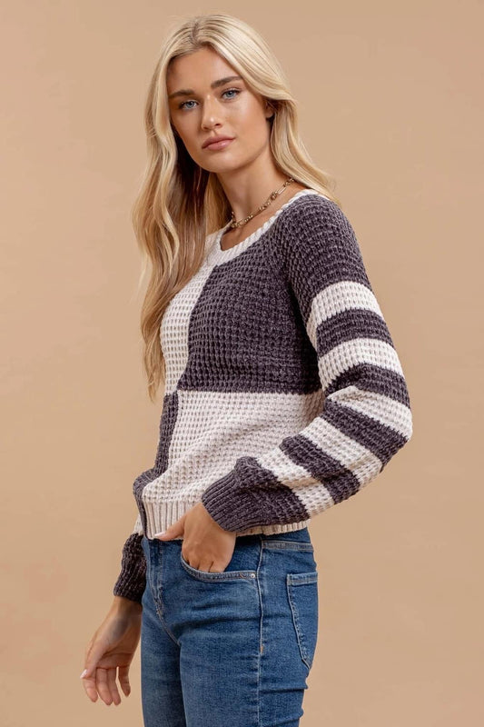 Checker and Stripe Velvet Knit Sweater-Charcoal