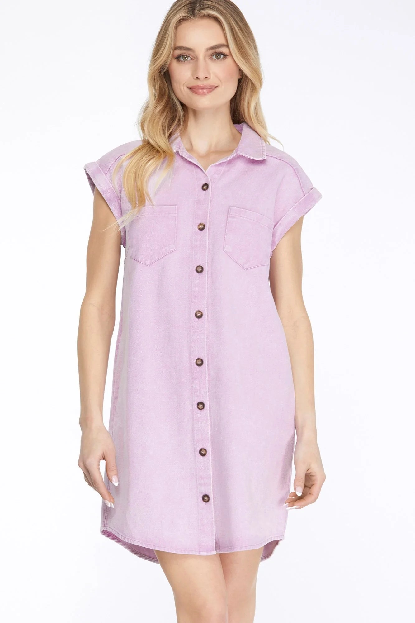 DENIM SHIRT DRESS WITH SIDE POCKETS-Lilac