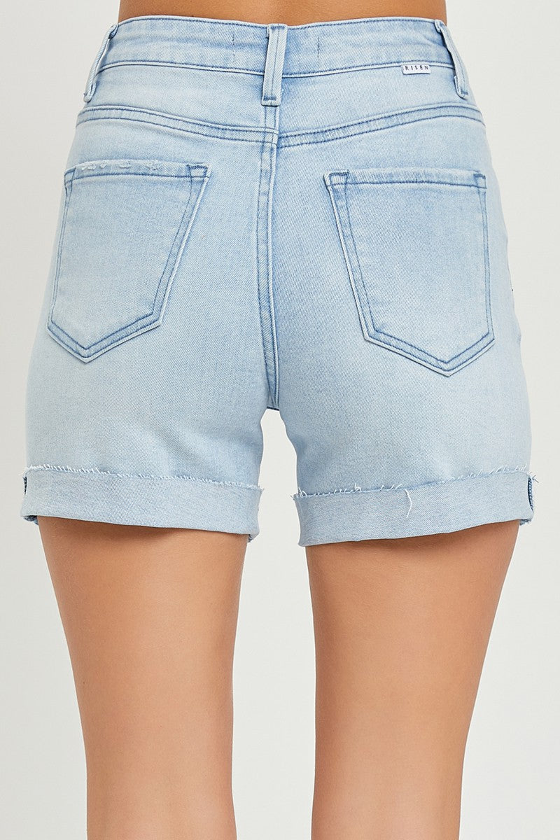 Risen High Rise Cuff Shorts-Light Denim