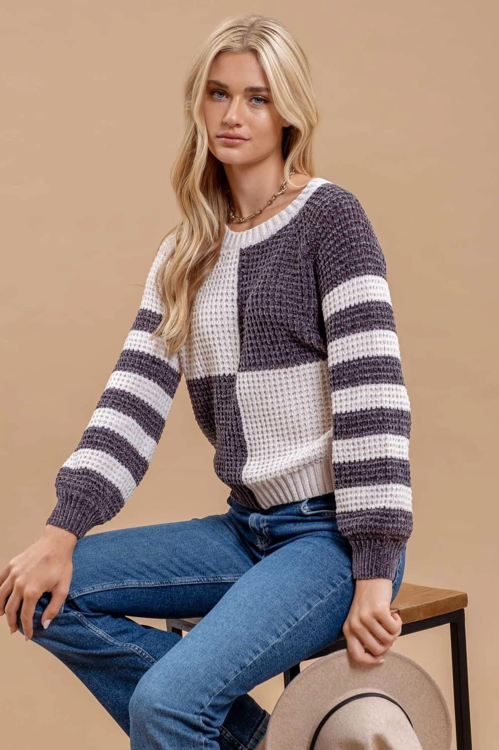 Checker and Stripe Velvet Knit Sweater-Charcoal