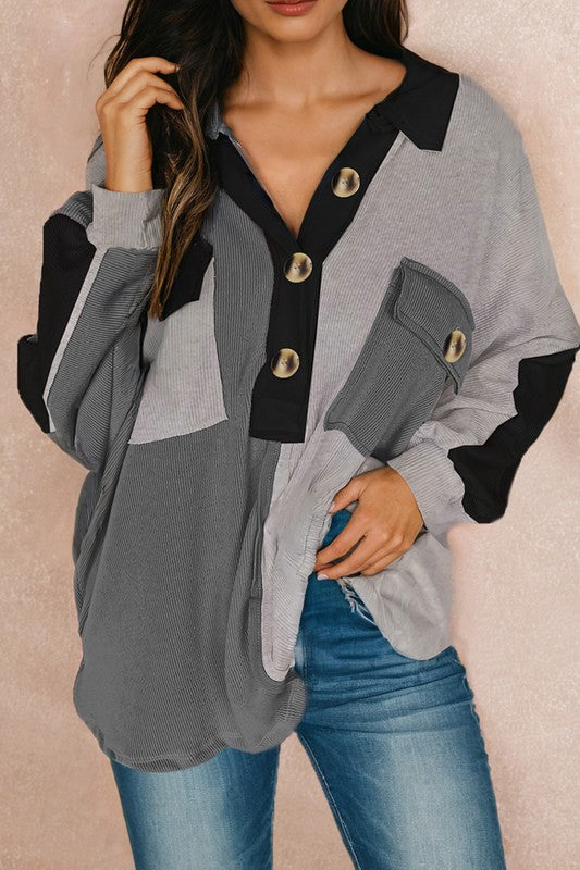 Colorblock Ribbed Oversized Top Black/Grey