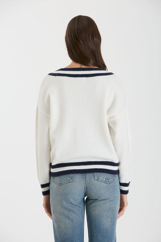 V-Neck Long Sleeve Knit Sweater Ivory/Navy