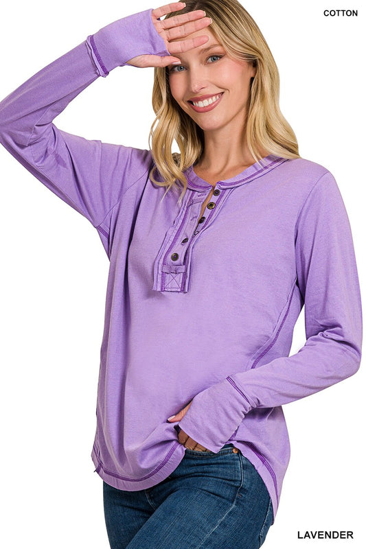 Zenana Lavender Long Sleeve Top w/Thumb Hole Button Closure Long Sleeve