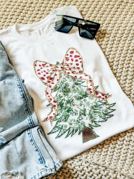 Red/Green Bow Christmas Tree Tee