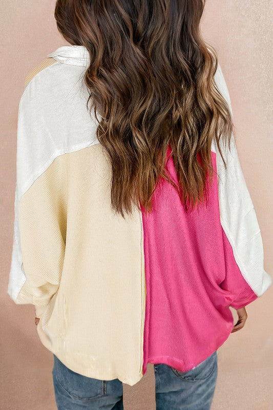 Colorblock Ribbed Oversized Top Cream/Pink