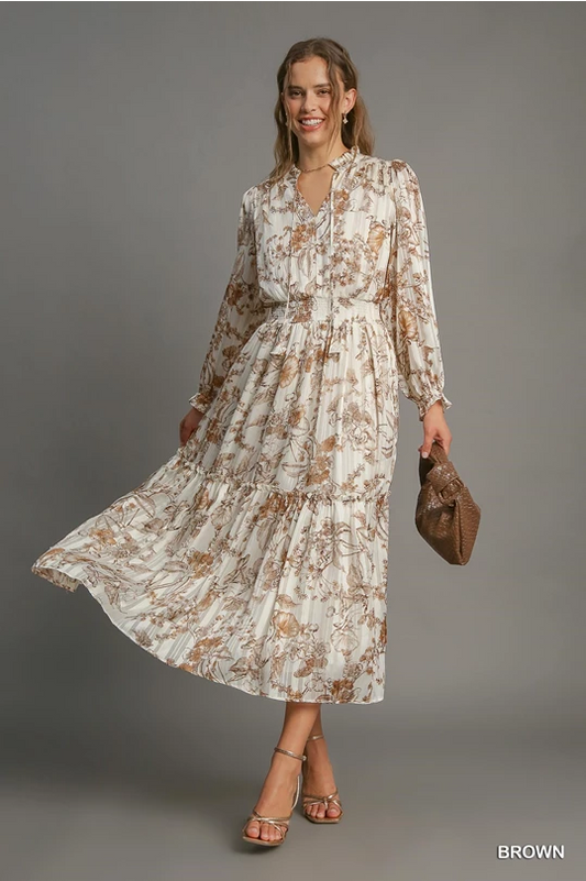 Lurex Floral Print Midi Dress Brown