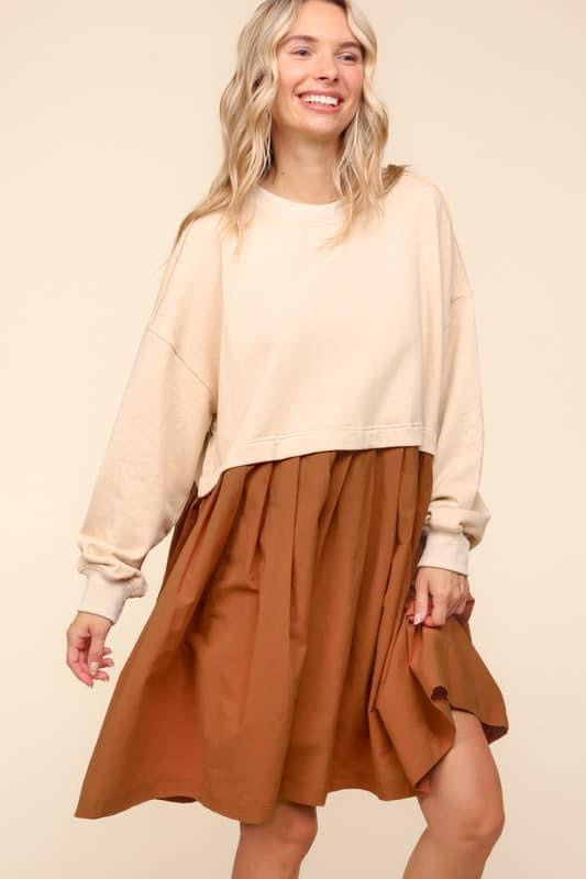 Bubble Long Sleeve Cotton Pleated Skirt Dress