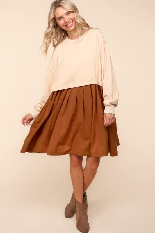 Bubble Long Sleeve Cotton Pleated Skirt Dress