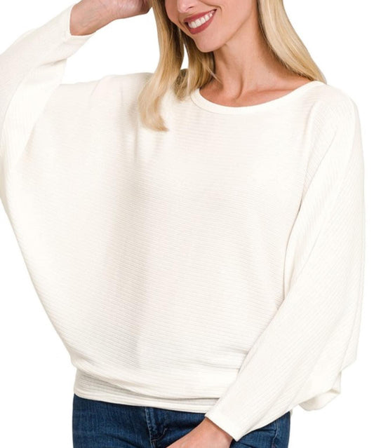 Zenana Ribbed Batwing Long Sleeve Boat Neck Sweater