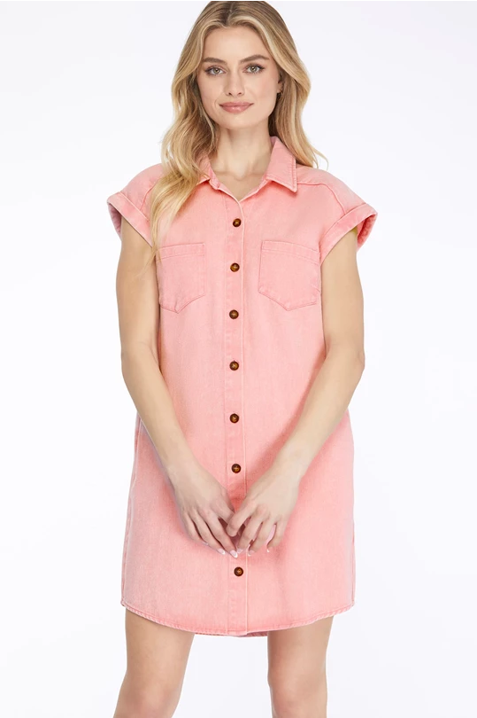 DENIM SHIRT DRESS WITH SIDE POCKETS-PINK