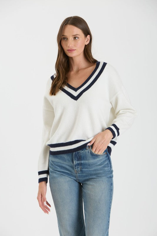 V-Neck Long Sleeve Knit Sweater Ivory/Navy