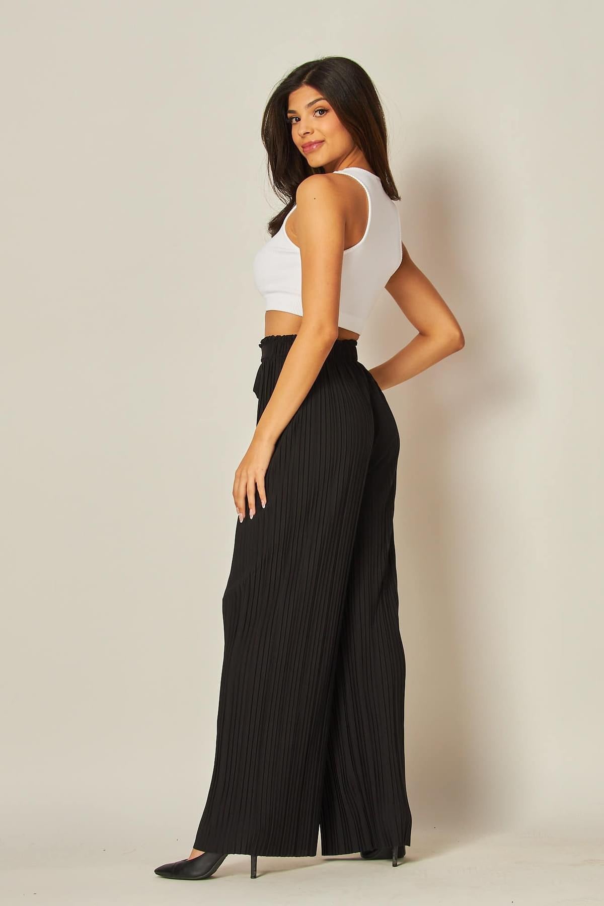 Pleated Wide Leg Pant-Black