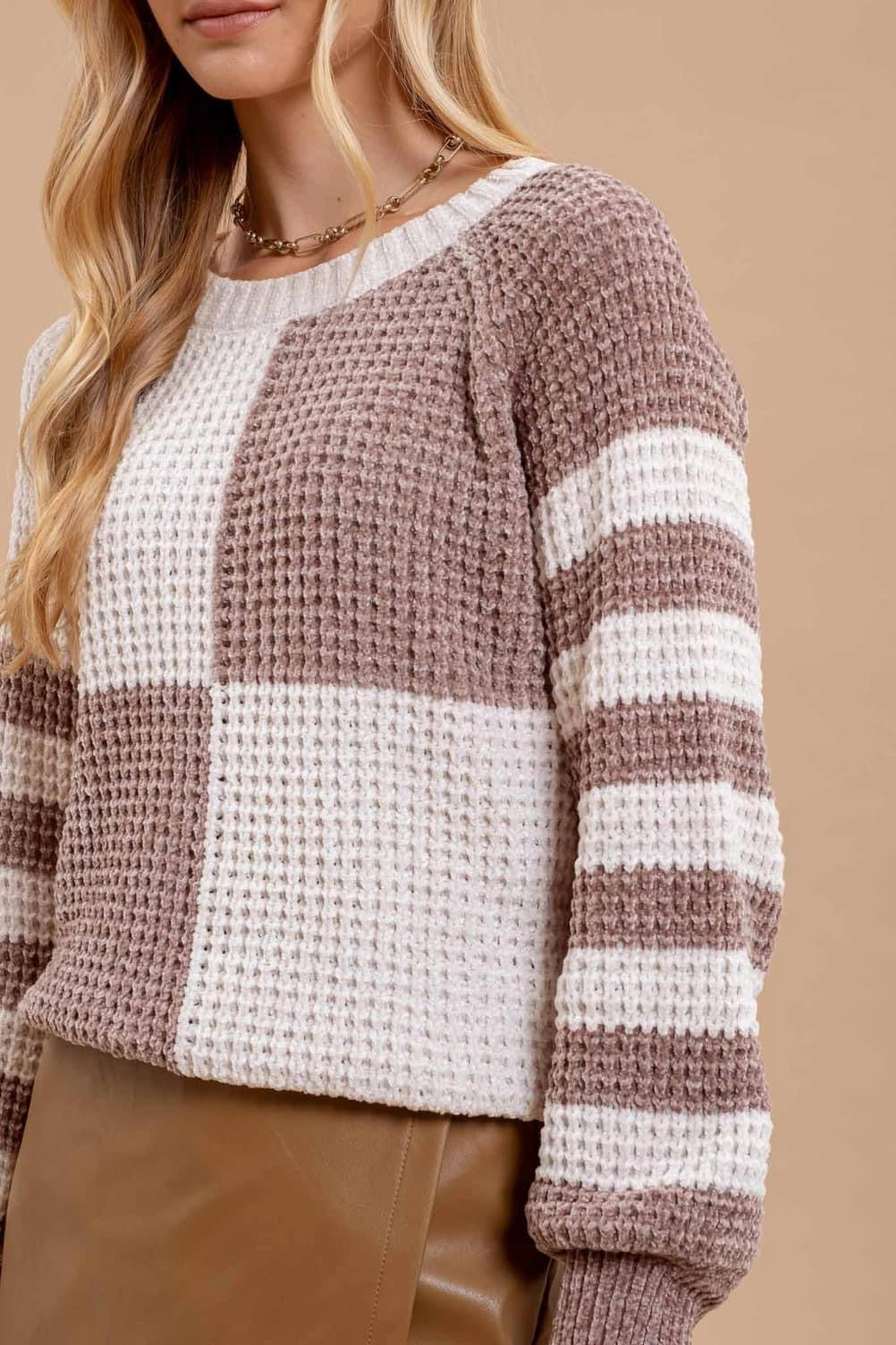 Checker and Stripe Velvet Knit Sweater-Mocha