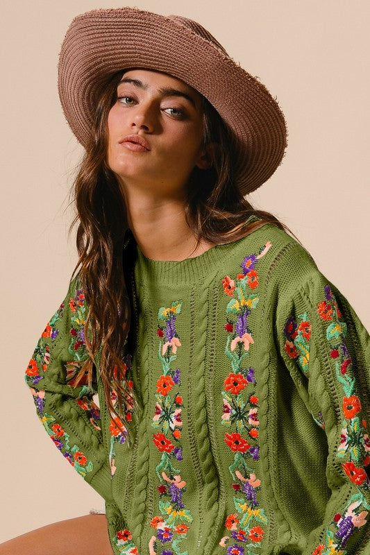 Olive Floral Embroidery Cable Knit Sweater