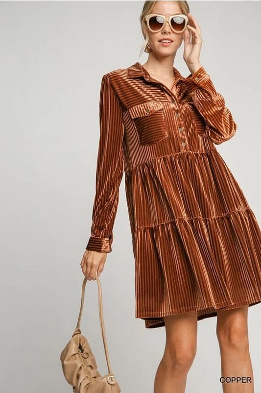 Umgee Copper Striped Velvet Dress