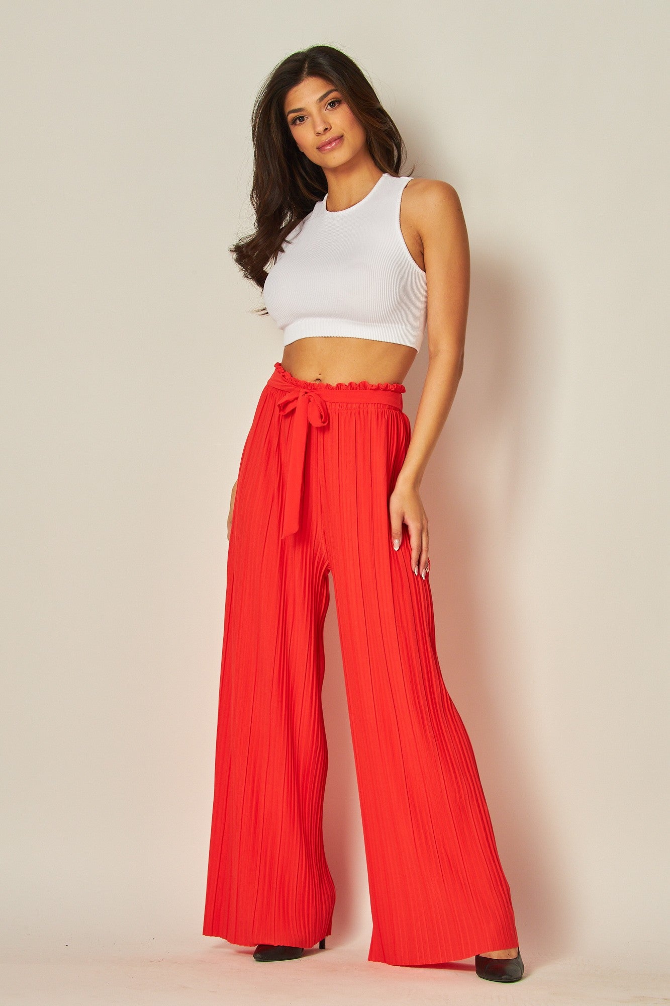 Pleated Wide Leg Pant-Red