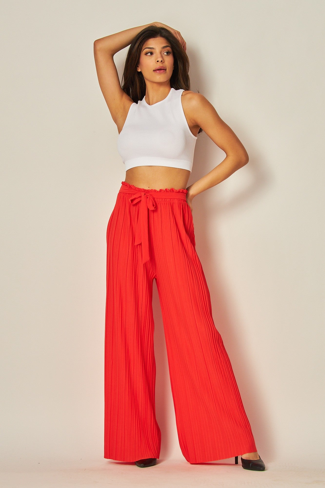 Pleated Wide Leg Pant-Red