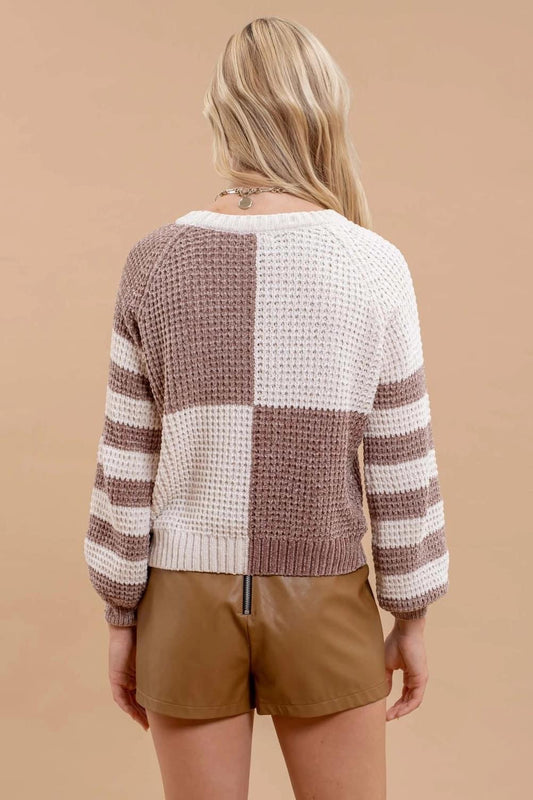 Checker and Stripe Velvet Knit Sweater-Mocha