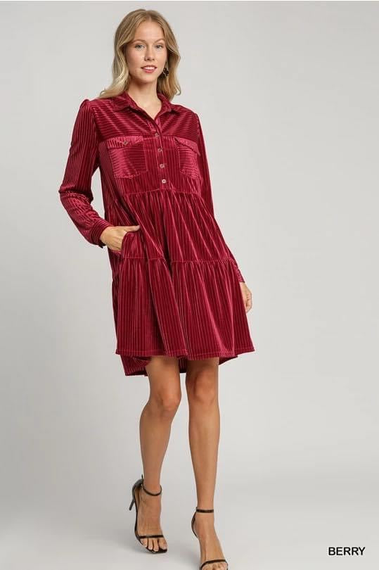 Umgee Berry Striped Velvet Dress