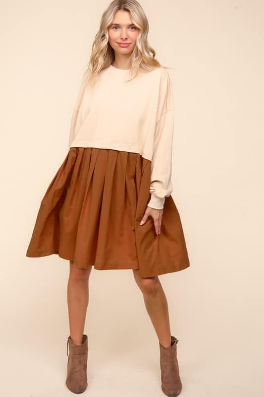 Bubble Long Sleeve Cotton Pleated Skirt Dress