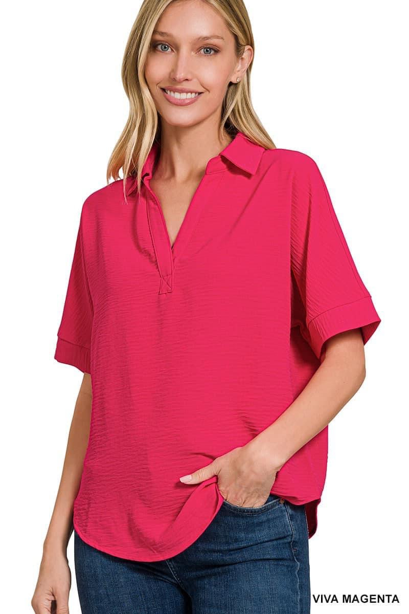 Woven Airflow Collared V-Neck Short Sleeve Top