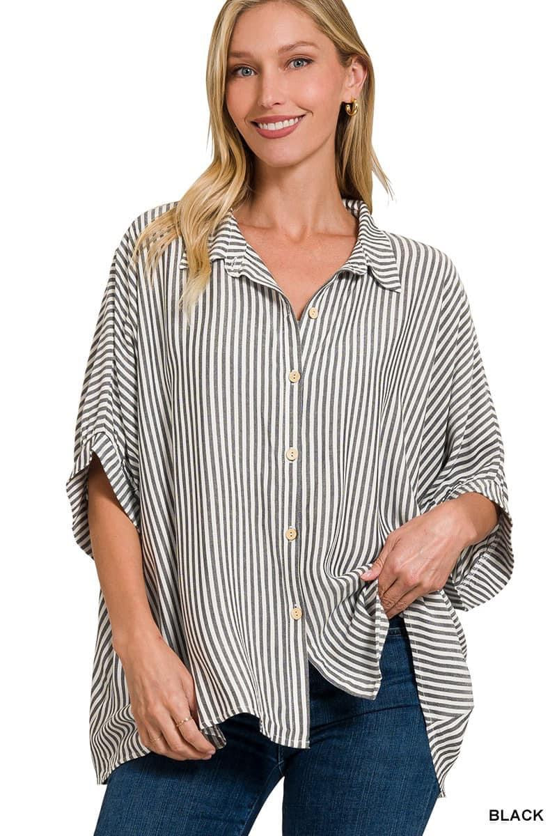 Zenana Striped Blouse-Black